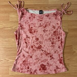 Vintage 90s Y2K Top Pink Floral Whimsygoth Shoulder Tie Sleeveless Floral Top M